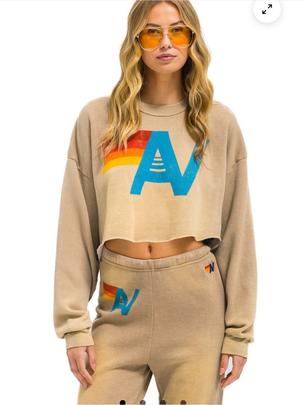NWT Aviator Nation Vintage Logo Cropped Crew Sweatshirt Tan Medium